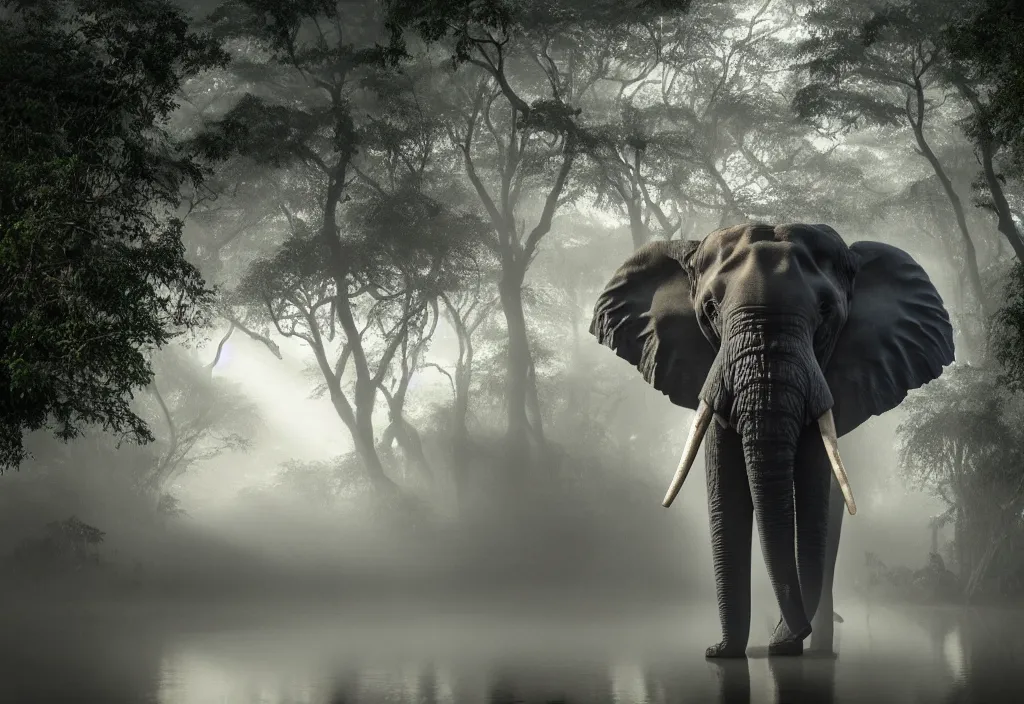 Image similar to an enormous elephant king, in a jungle with ominous light from above, ambient light, fog, river, very poetic