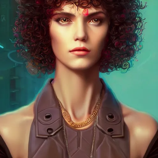 Prompt: Lofi vaporwave cyberpunk portrait woman with short brown curly hair, Pixar style, Tristan Eaton, Stanley Artgerm, Tom Bagshaw