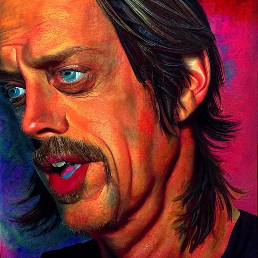 Prompt: Steve Buscemi, smooth painting, art, detailed, colorful, smiling, beautiful hair, deep look, intense atmosphere