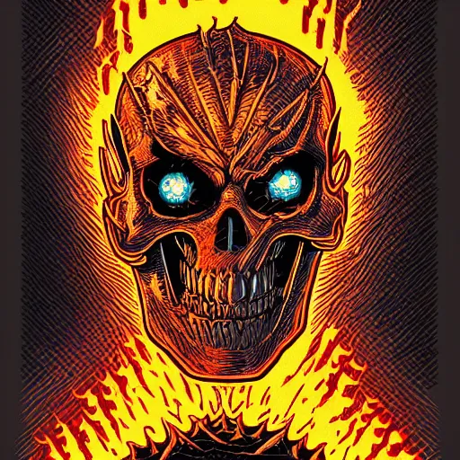 Prompt: an intricate vintage headshot of ghost rider by Dan Mumford