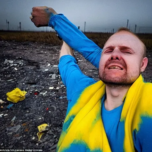 Image similar to last selfie of frightened funny damaged to bones ukrainian bleeding in dirty yellow and blue rags, nuclear rocket explosion at background