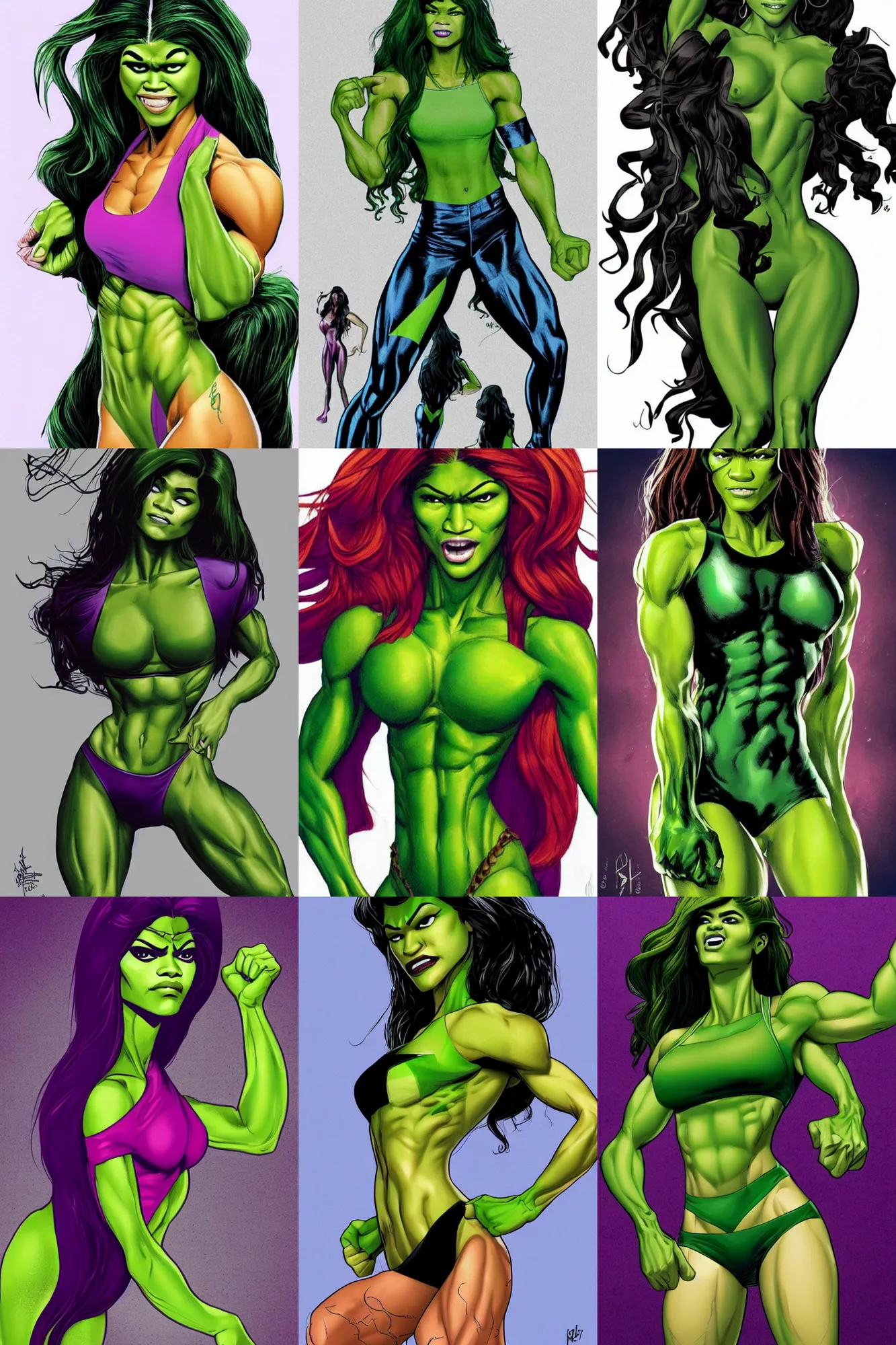 Prompt: Zendaya as She-Hulk, long hair, stunning slender healthy figure, alt cover realistic illustration beautiful