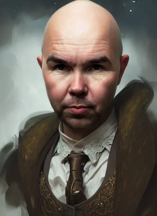 Image similar to portrait of karl pilkington, d & d, fantasy, intricate, elegant, highly detailed, digital painting, artstation, concept art, smooth, sharp focus, illustration, art by artgerm and greg rutkowski and alphonse mucha