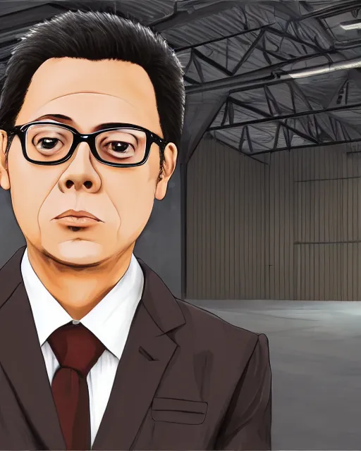 Image similar to Digital presidential anime art of Gustavo Petro by A-1 studios, serious expression, empty warehouse background, highly detailed, spotlight