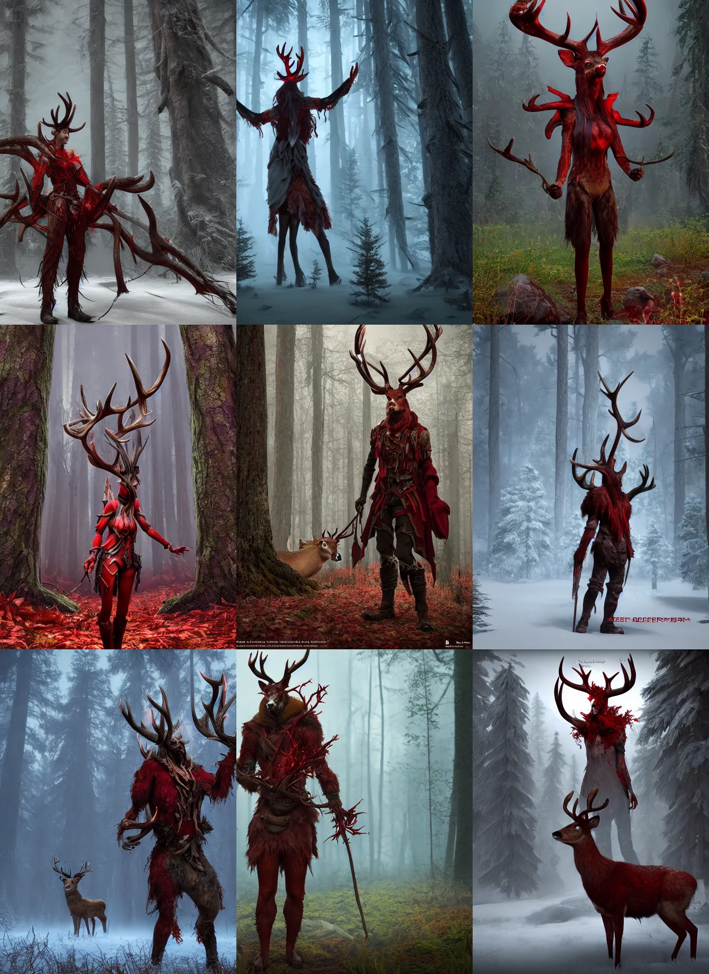 Prompt: red Forest keeper with deer antlers. Full body, dark fantasy, detailed and realistic, 4k, top-artstation, inspired blizzard games, octane render