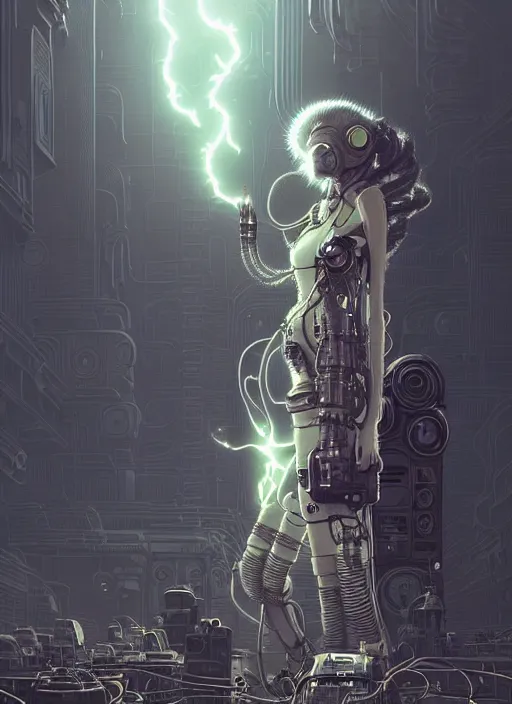 Prompt: highly detailed portrait of wasteland punk long curly neon white plasma electricity hair tribal lady, stray electric spark wiring by atey ghailan, james gilleard, by joe fenton, by greg rutkowski, by greg tocchini, by kaethe butcher, 4 k resolution, gradient yellow, black and white color scheme!!! ( ( lightning cloudy robotic dystopian city background ) )