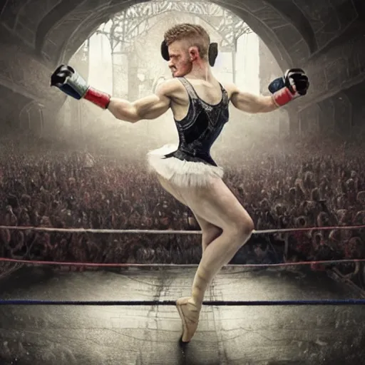 Prompt: connor mcgregor dressed as a ballerina dancing ballet inside the mma ring, highly detailed, digital painting, concept art, art by greg rutkowski, 4 k