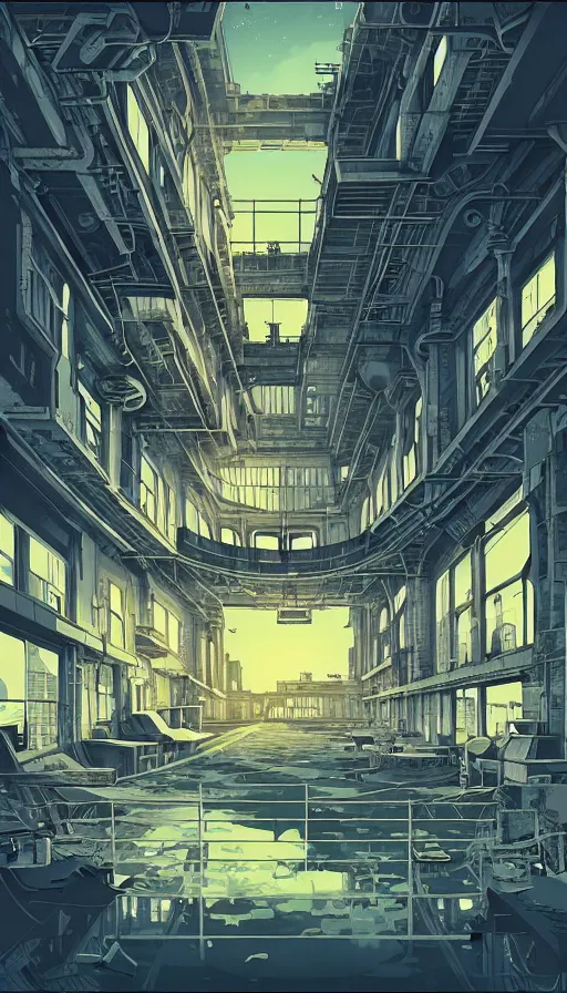 Image similar to a beautiful detailed anime illustration of navy fort urbex industrial architecture unfinished building building architecture city by federico babina, at dawn nature landscape cgsociety fisheye lake partly sunny futuristic alien matte painting, archdaily, wallpaper, highly detailed, trending on artstation.