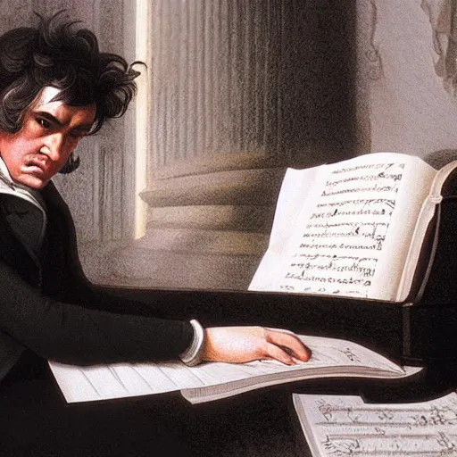 Image similar to of beethoven trying to compose at the piano but unable to hear and crying with frustration with pages of hand written score all around unreal engine 5 3 d photorealistic scene cinematic lighting