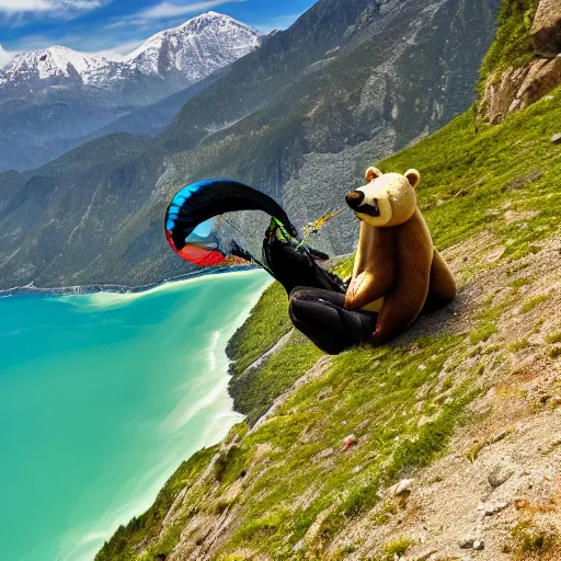 Image similar to a paragliding bear, photo, high quality, 8 k resolution