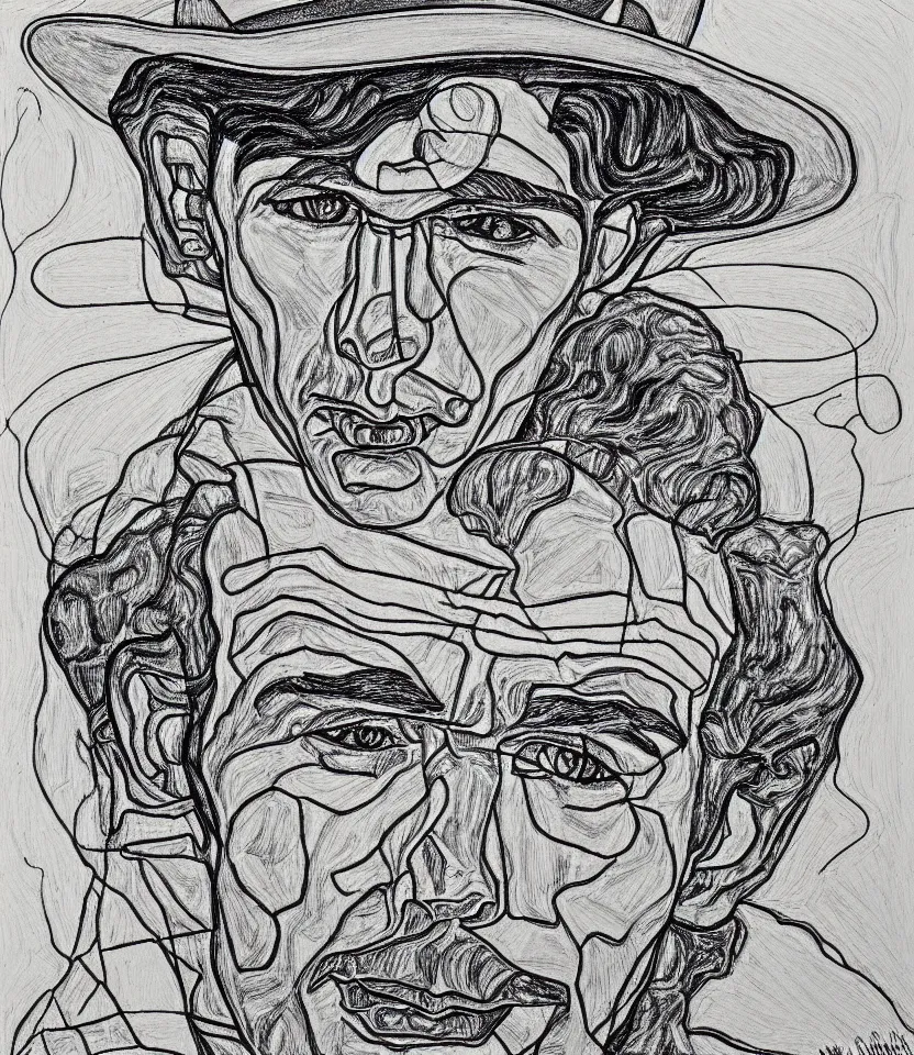 Prompt: detailed line art portrait of hank williams, inspired by egon schiele. contour lines, caricatural, musicality, twirls curls and curves, confident personality, raw emotion