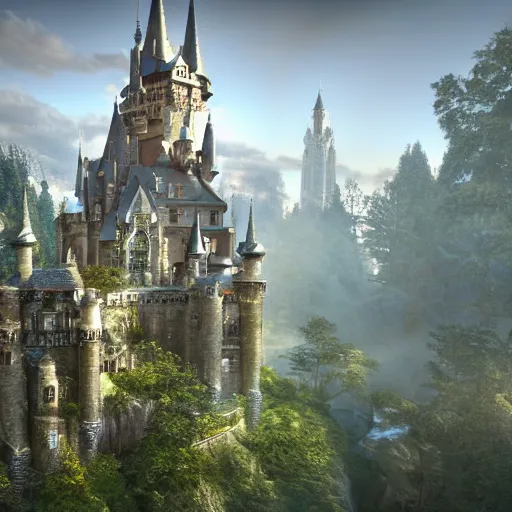 Image similar to a big castle, highly detailed, crystal lighting, mystical, forest, hyperrealistic, 4 k, unreal engine, highly detailed, dramatic lighting, magical, beautiful,