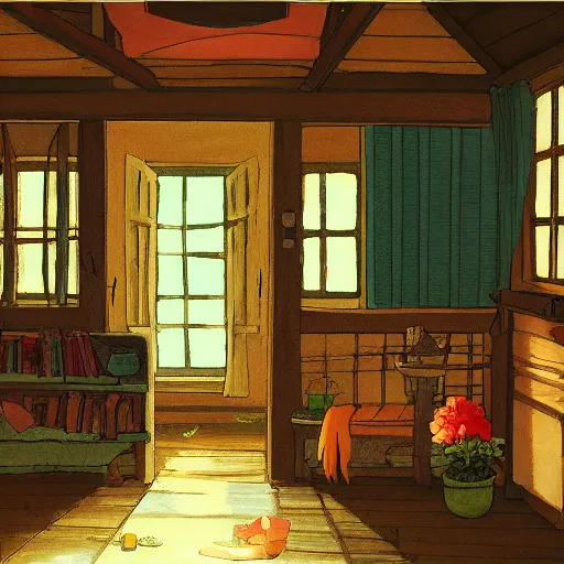 Image similar to studio Ghibli, the interior of a small cottage, warm lighting