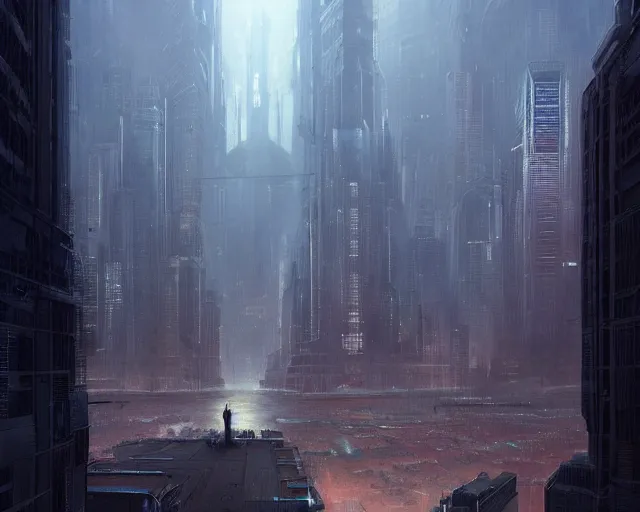 Image similar to great city being watched over by an all-seeing malevolent AI, a sci-fi digital painting by Greg Rutkowski and James Gurney, trending on Artstation, eerily beautiful, highly detailed