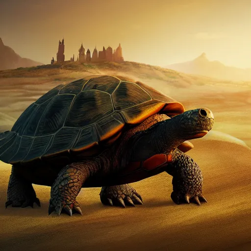 Image similar to gargantuan tortoise with a large castle rising from the shell, walking through a sandy wasteland, inspired by howls moving castle and mortal engines, mid - distant shot centered birds eye view, fantasy, hyper detailed, 4 k
