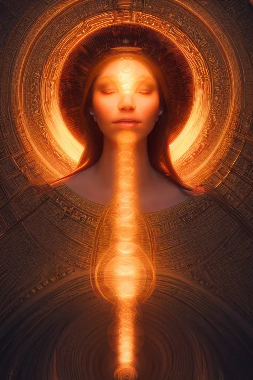 Image similar to a centered render of a goddess emitting a glorious energy from a circular portal on her head and is surrounded by spiral mandel bulb fractals, powerful, cinematic, beautifully lit, by artgerm, by karol bak, 3 d, trending on artstation, octane render, 8 k