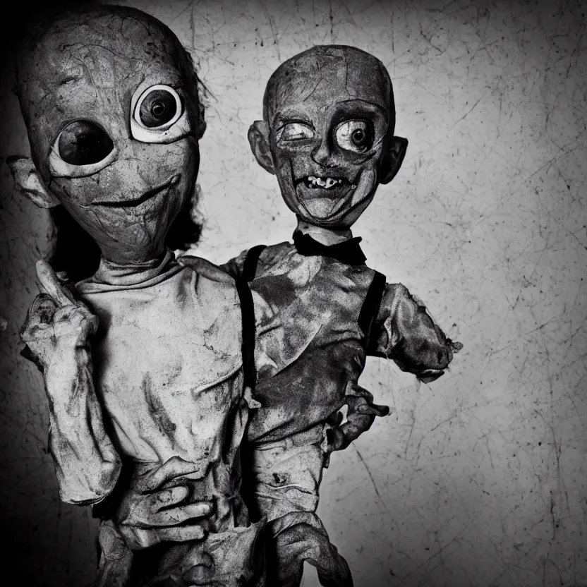 Image similar to creepy ventriloquist dummy in the style of roger ballen, 4 k, bw, portrait