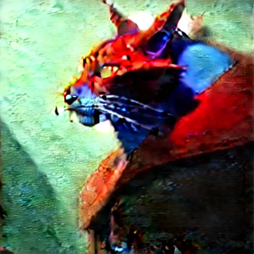 Image similar to blue cat eating red sable painting by eddie mendoza, greg rutkowski