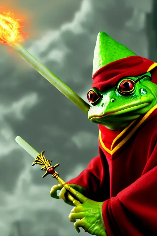 Image similar to harry potter frog mage in a gryffindor form, magic wand, in hogwarts, high details, best composition, dramatic pose, 4 k