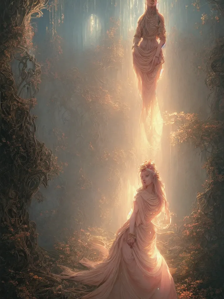 Image similar to highly detailed portrait of beautiful ethereal woman in ornate clothing, stephen bliss, unreal engine, fantasy art by greg rutkowski, loish, rhads, ferdinand knab, makoto shinkai and lois van baarle, ilya kuvshinov, rossdraws, tom bagshaw, global illumination, radiant light, detailed and intricate environment