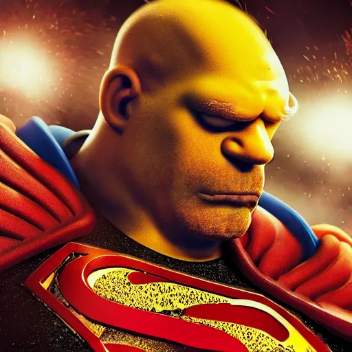 Prompt: portrait of homer simpson as superman in gears of war, splash art, movie still, detailed face, photorealistic facial features, cinematic lighting, dramatic, octane render, long lens, shallow depth of field, bokeh, anamorphic lens flare, 8 k, hyper detailed, 3 5 mm film grain