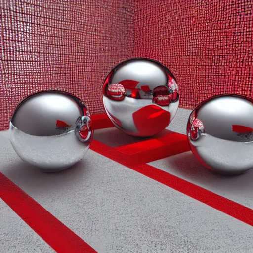 Prompt: chrome spheres on a red cube, filmic