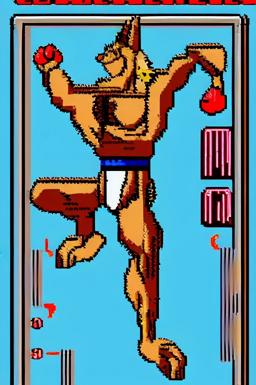 Prompt: extreme long shot. 8 bit nes graphics. antropomorphic muscular masculine wolf. kickboxer fighter, in shorts. wolf head. furr on body. like game contra.