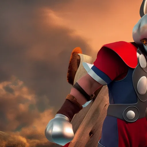 Image similar to Mickey Mouse as Thor, digital art parody, unreal engine, high quality