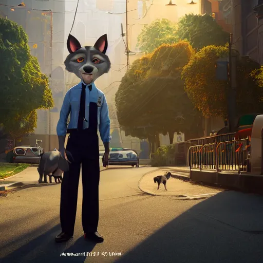 Image similar to a film still from zootopia main character portrait anthro anthropomorphic wolf security guard head animal person fursona wearing suit and tie pixar disney dreamworks animation sharp rendered in unreal engine 5 octane key art by greg rutkowski bloom dramatic lighting modeling expert masterpiece render