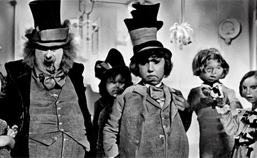 Image similar to Willy Wonka and the Chocolate Factory, still from an old surrealist black and white movie directed by Jan Svankmajer, Béla Tarr, Ingrid Bergman and Robert Wiene. Dark background, dramatic lighting, detailed, cinematic