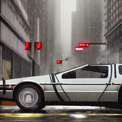 Image similar to hyperdetailed, photorealistic photograph of a dmc 1 2 delorean driving in the streets, rain, night, dense fog, hd, unreal engine 5