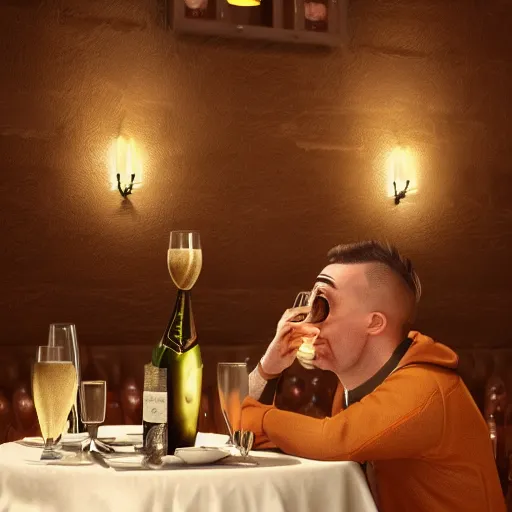 Prompt: longhorn drinking champagne in a restaurant by greg rutkowski and thomas kinkade, trending on artstation, 3 d render octane