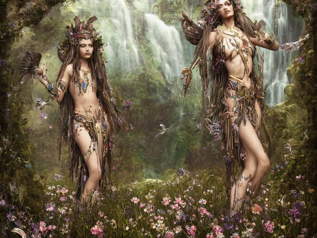 Prompt: a beautiful divine tribal high priestess with feathers and crystals in a lush field of flowers, highly detailed medieval temple with waterfall and deer water nymphs behind her, wide painting by greg rutkowski and hr giger, zbrush, trending on artstation
