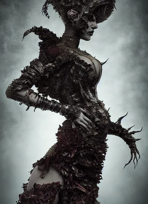 Image similar to expressive full body photo of demoness, dress made of cabbages, glamour shot, by karol bak, stefan gesell, photorealistic, nikon d 4 x, fashion photography, hyper maximalist, elegant, ornate, luxury, elite, environmental portrait, symmetrical features, octane render, unreal engine, solid dark grey background, dramatic lights