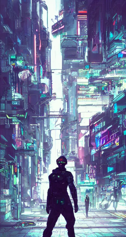 Image similar to concept art portrait of male cyberpunk walking through futuristic town