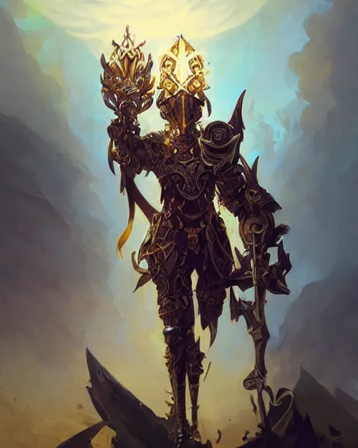 Image similar to Highly detailed Champion paladin in black gold intricate and ornate armor, unreal engine, fantasy art by peter mohrbacher, Greg Rutkowski, nielly, Rhads, radiant halo of light