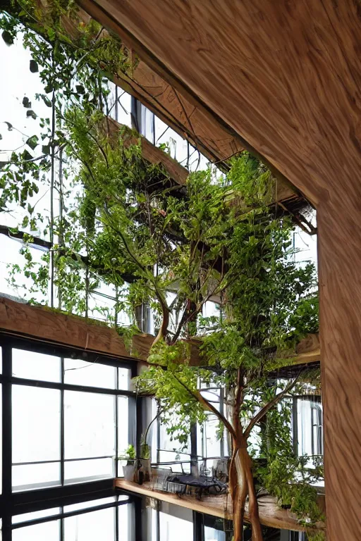 Image similar to urban atriums hyperdetailed hyperrealistic tree house, roots growing from bottom to ceiling, wooden modern decoration