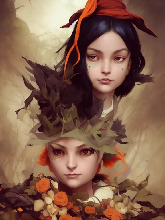 Image similar to Full shot of a mischievous young witch about to get up to some trouble. Latin American fashion. Black and Orange palette. Latina girl. brown skin. defined facial features, symmetrical facial features. By Ruan Jia and Artgerm and Range Murata and WLOP and Ross Tran and William-Adolphe Bouguereau. Key Art. Fantasy Illustration. award winning, Artstation, intricate details, realistic, Hyperdetailed, 8k resolution.