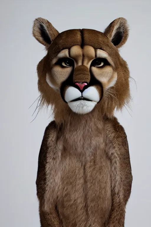 Prompt: furry anthro anthropomorphic portrait of a mountain lion head animal person fursona standing in a plain white room professional studio photo