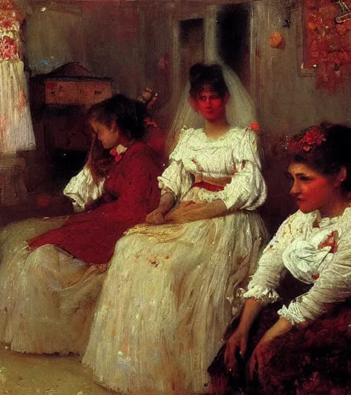 Image similar to high quality high detail painting by ilya repin, brides in a blood flooded house, hd