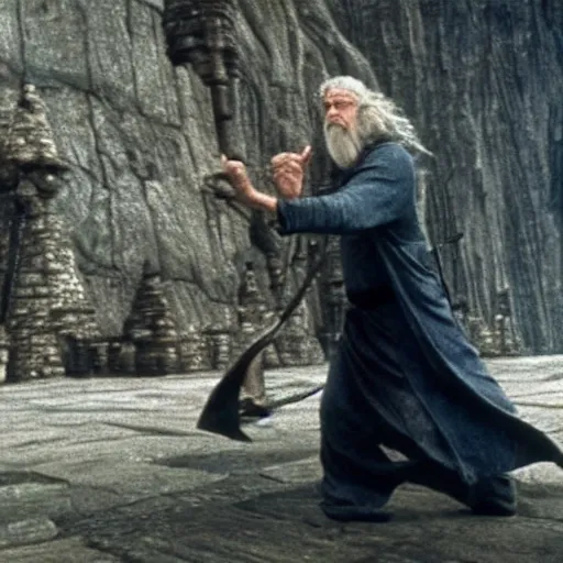 Image similar to movie still of gandalf dabbing as he comes to the rescue of helm's deep