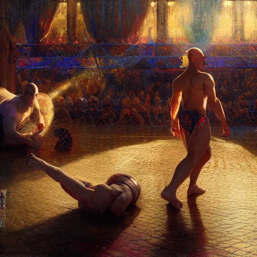 Image similar to bald wrestler breaking blonde wrestler's back, radiant light, caustics, heroic, bright iridescent light, by gaston bussiere, bayard wu, greg rutkowski, maxim verehin, epic wrestling combat, legendary