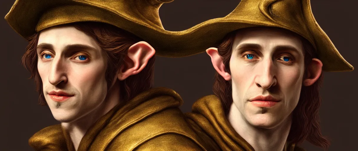 Image similar to hyperrealist highly detailed english medieval portrait of a very handsome half-elf bard, wearing a hat and expensive clothes, concept art pascal blanche dramatic studio lighting 8k wide angle shallow depth of field