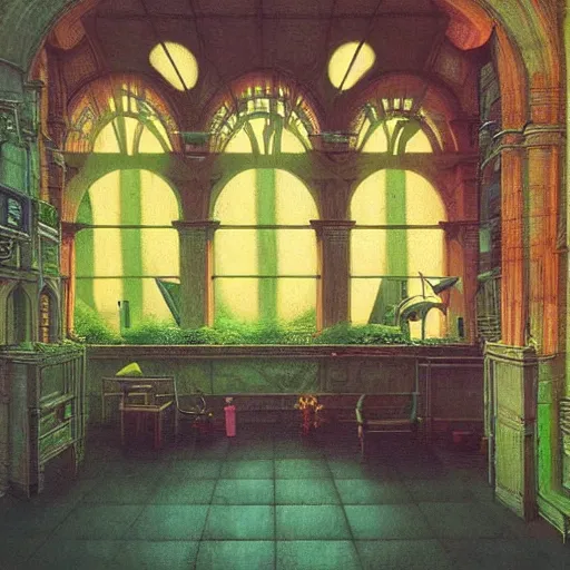 Prompt: Modern interior with arched windows, neon lighting, greenery, cyberpunk, dramatic, fantasy, by Moebius, by zdzisław beksiński, Fantasy LUT, epic composition,
