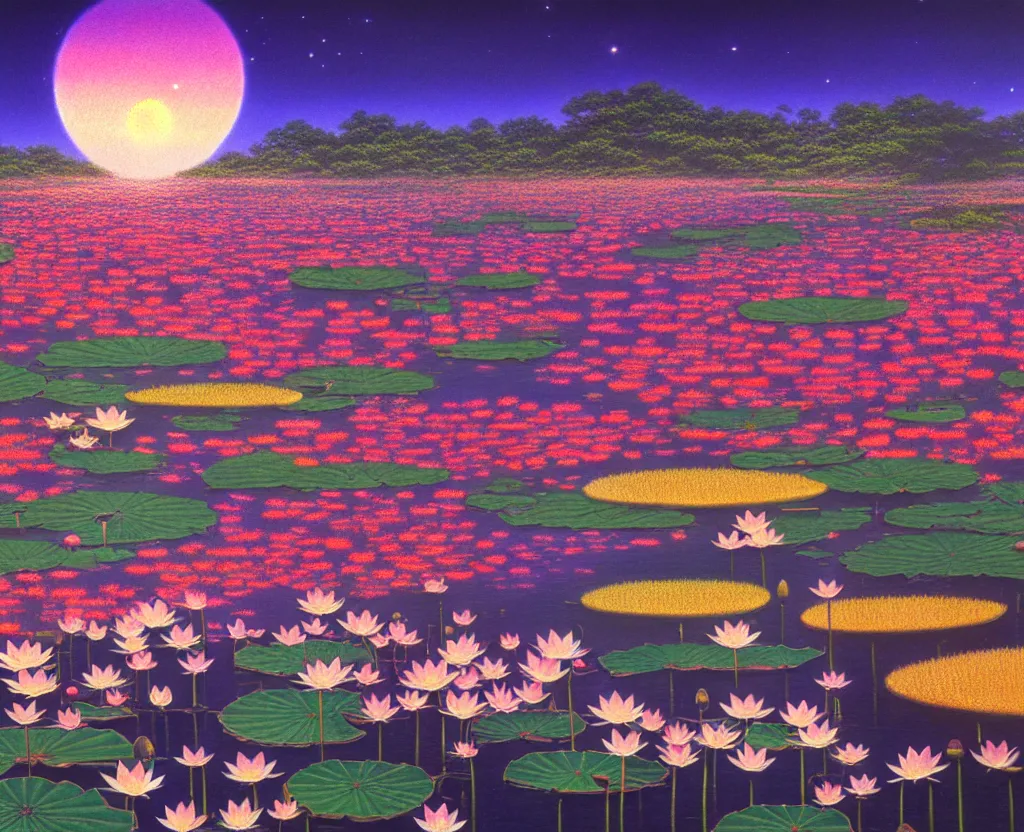 Image similar to a landscape pastel in the style of noriyoshi ohrai and mark tedin of a holy field of lotus flowers, night time. key art. 4 k retrofuturistic fantasy