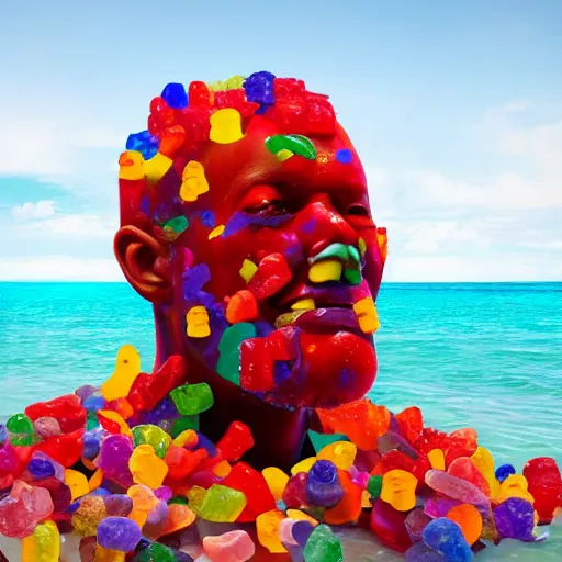 Prompt: a realistic human head sculpture made out of tons of gummy bears on the surface of the ocean, giant sculpture, in the style of chad knight, long shot, hyper detailed, hyper realistic, ray tracing, 8 k resolution, sharp focus, realistic water, award winning