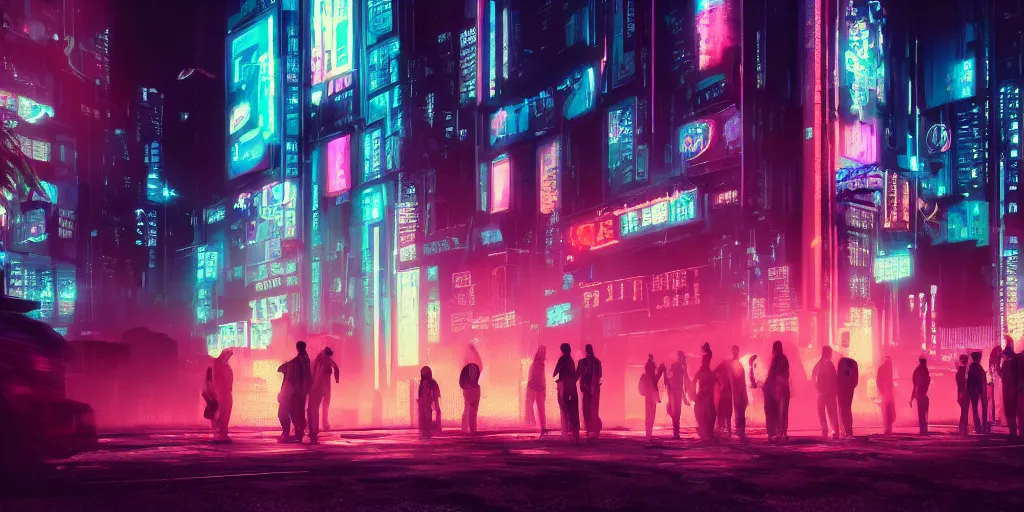 Image similar to a group of people standing outside of a building, cyberpunk art by liam wong, cgsociety, retrofuturism, glowing neon, neon, matte painting