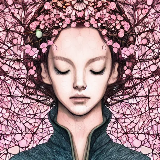 Image similar to the portrait of an incredibly beautiful woman partially made of onions and cherry blossoms, an ultrafine detailed illustration by james jean, final fantasy, intricate linework, bright colors, behance contest winner, vanitas, angular, altermodern, unreal engine 5 highly rendered, global illumination, radiant light, detailed and intricate environment