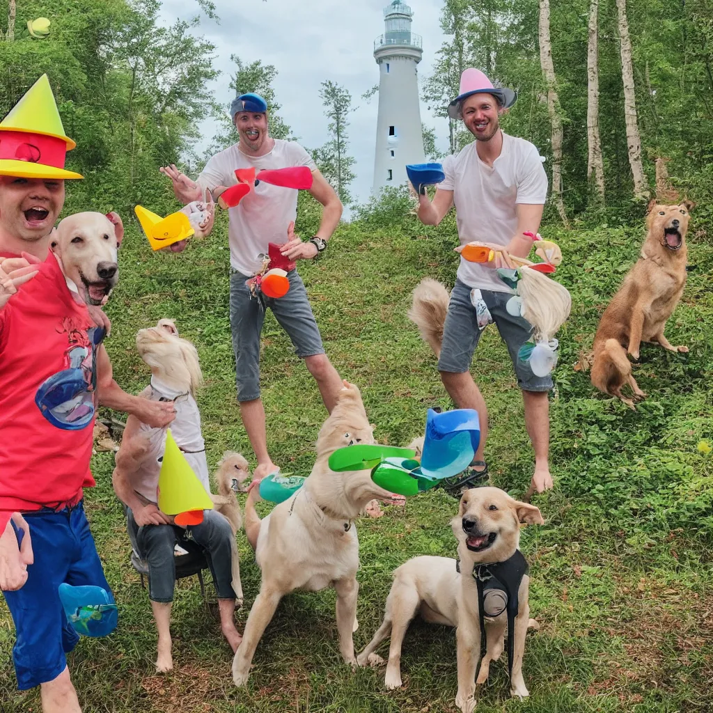 Prompt: one blonde thirty years old guy and one dog with birthday hats, celebrating a birthday in a forest, with chocolate cakes slices, green aliens and kayaks, with a lighthouse in the background