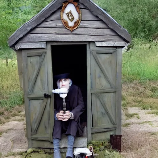 Prompt: Dumbledore sitting in an outhouse with a cigarette in his mouth, selfie